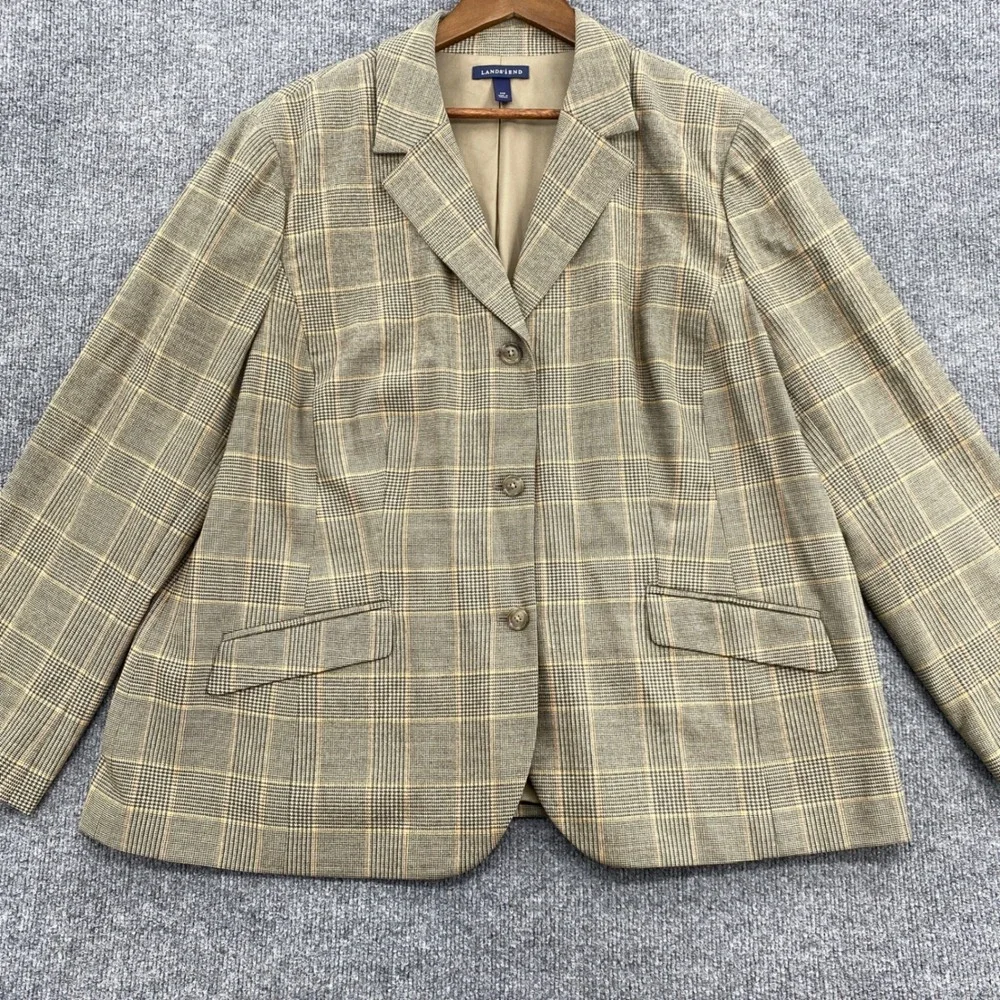 Lands End Blazer Jacket Women 22W Brown Plaid Wool Cashmere Office Academic Work